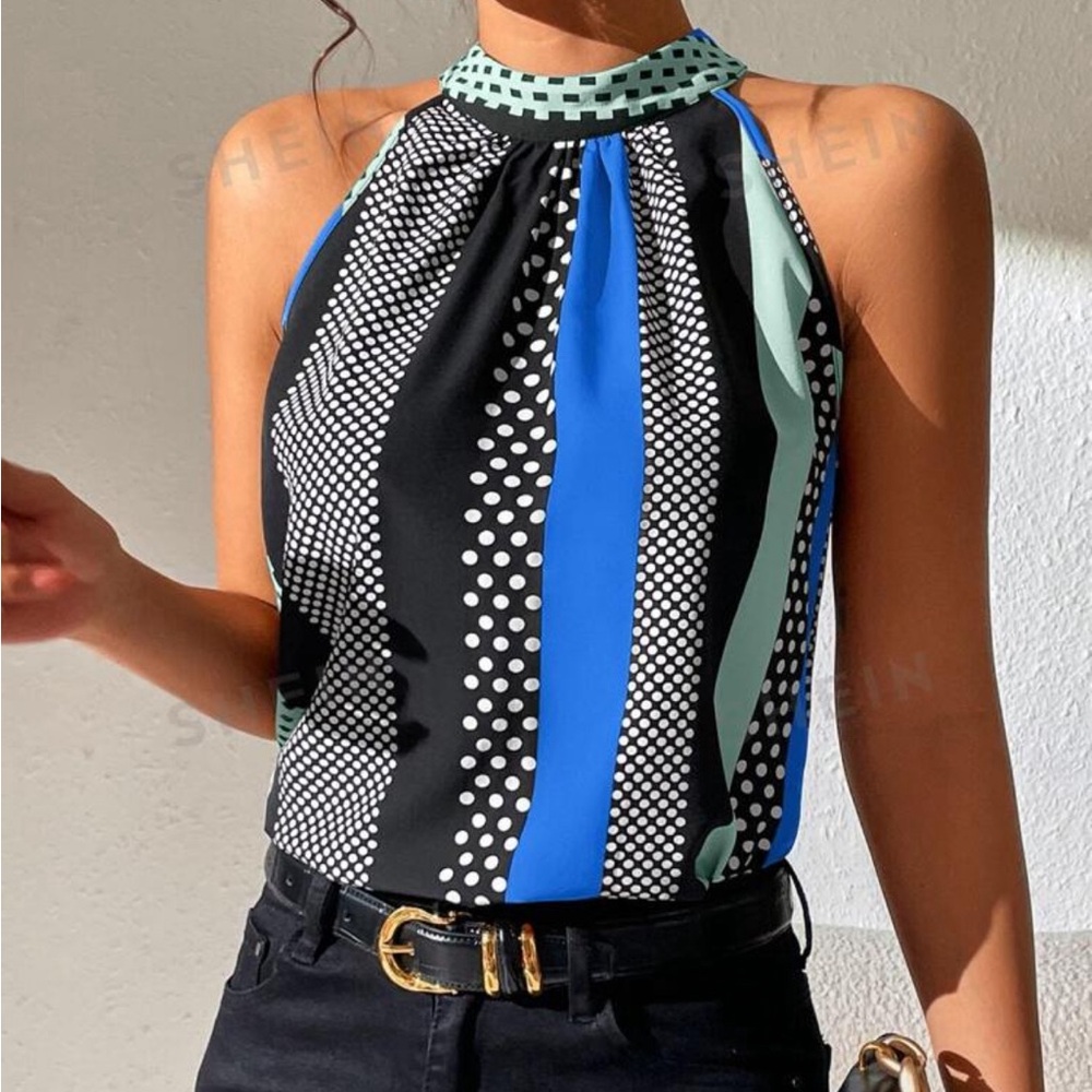 SHEIN LUNE Polka Dot Print Keyhole Back Halter Neck Blouse Medium